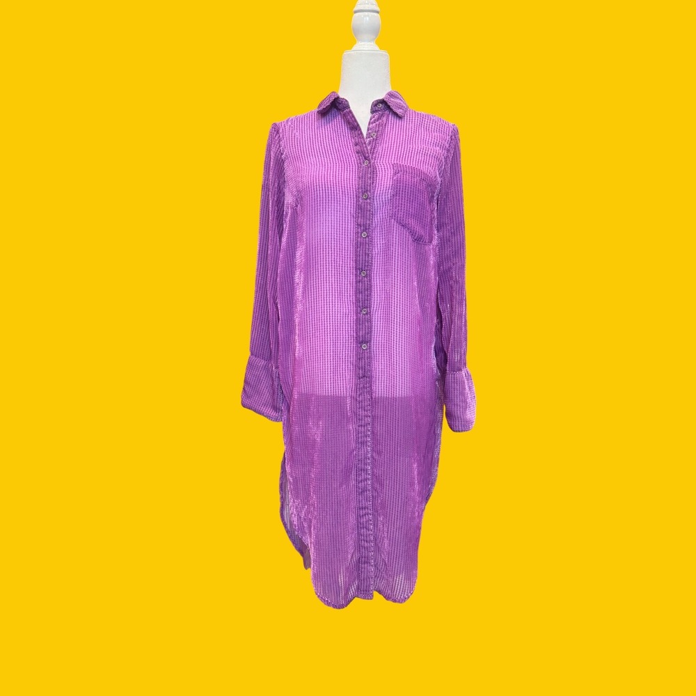 Akemi + Kin Button Down Shirt Dress Womens M Purple Good Sheer Velvet Stripe